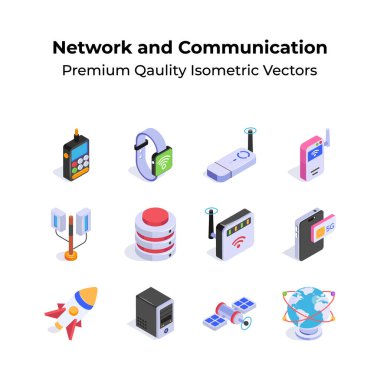 Ağ ve İletişim izometrik simgeleri moda tasarım tarzında ayarlandı