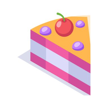 Kirazlı pasta dilimi simgesi tasarımı, modern izometrik vektör