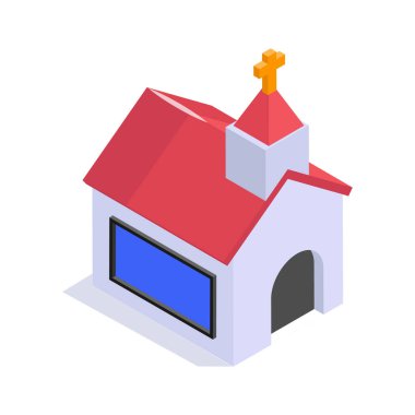 Bir Hıristiyanlık evi vektör izometrik stili, kilise simgesi tasarımı
