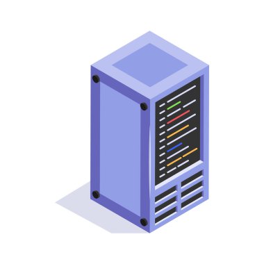 Veri depolama için kullanılan renkli göstergelere sahip bir sunucu rafının Isometric simgesi