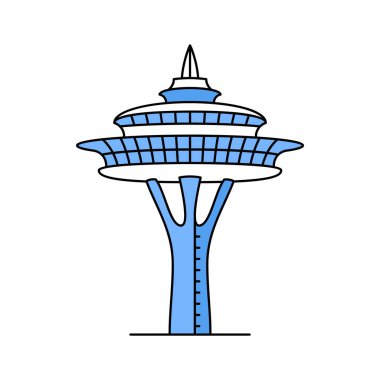 Seattle 'daki fütüristik gözlem kulesi, panoramik şehir manzarası, uzay iğnesi oluşturma vektör tasarımı