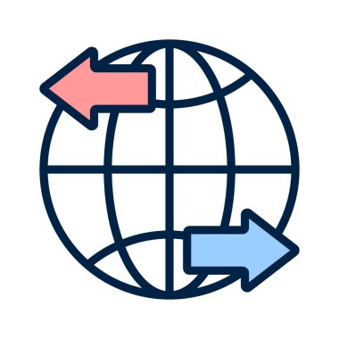 Küresel değişimi oklarla ve küreyle temsil eden simge, ticaret kavramları için idealdir