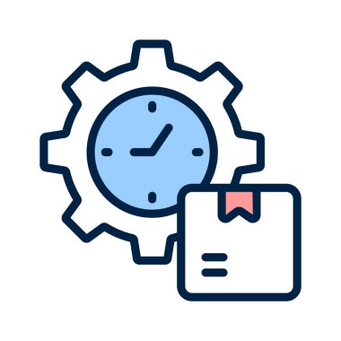 Lojistik ve zaman yönetimini temsil eden saat ve paketli bir dişli simgesi