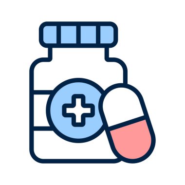 İlaç kavanozunun, ilaçların, eczanelerin ve sağlık hizmetlerinin temel ihtiyaçlarını gösteren harika bir ikonu.