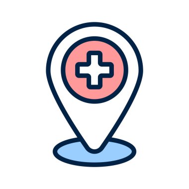 Hastanenin konumunun konsept simgesini gösteren harita içerisindeki tıbbi işaret.