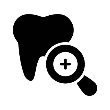 Diş muayenesini sembolize eden büyüteçli bir diş simgesi.