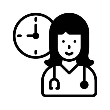 Saati olan bir sağlık uzmanının simgesi, randevu zamanlamasını gösterir