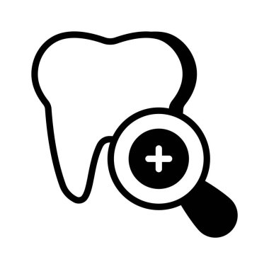 Diş muayenesini sembolize eden büyüteçli bir diş simgesi.
