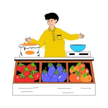 Perakende mağazası işleten bir kişi, mağaza sahibi düz çizim.
