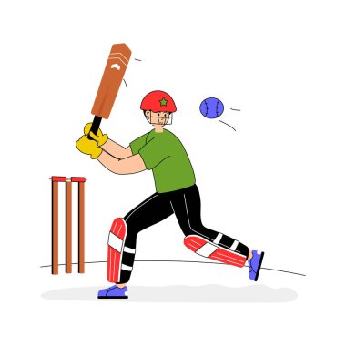 Kriket oynamak, sahada yetenek ve takım çalışması göstermek, kriketçi düz çizim