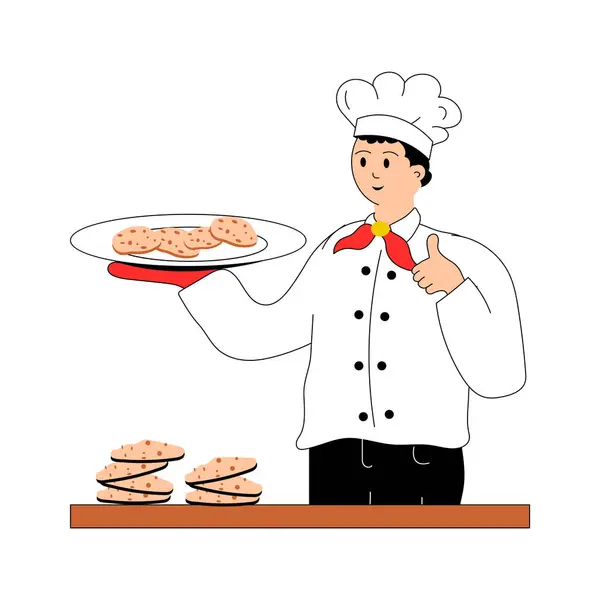 stock vector Baker flat illustration, baking bread, pastries, and other treats with culinary expertise