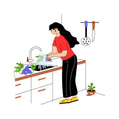 Bir insan akan suyun altında taze sebzeleri yıkar.