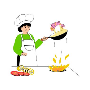 Profesyonel şef balık kızartma, balık kızartma vektör çizimi