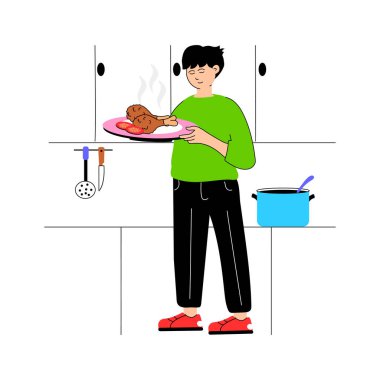 Bir insan yeni pişmiş bir yemeği tabakta gururla sunar.