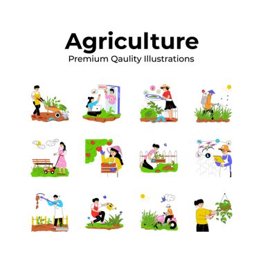 Moda tasarım tarzında tarım illüstrasyonlarının koleksiyonu