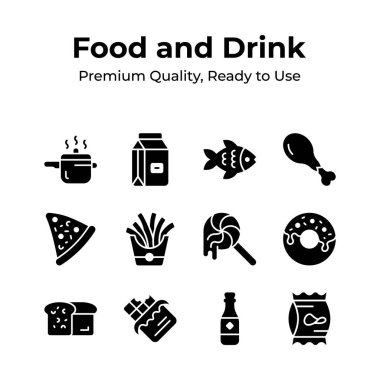 Çeşitli yemek ve ikramlardan oluşan yemek ikonları koleksiyonu