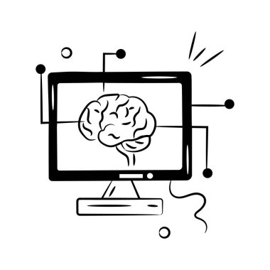 Bilgisayar sistemlerindeki yapay zekayı sembolize eden beyni olan bir bilgisayar monitörü.