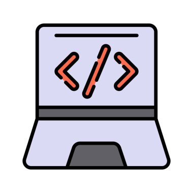 Kodlama parantezleri olan, programlamayı veya geliştirmeyi temsil eden bir dizüstü bilgisayar