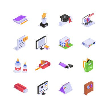 Öğrenme, okul ve bilgiyle ilgili projeler için mükemmel bir izometrik eğitim seti.