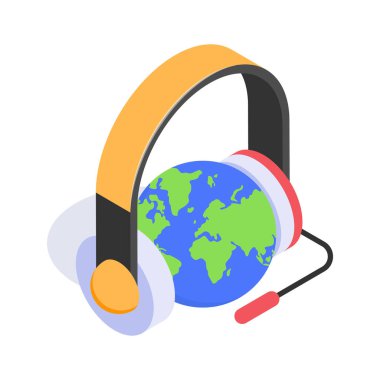 Küresel müşteri desteğini veya hizmetini sembolize eden, kulaklık takan bir dünya