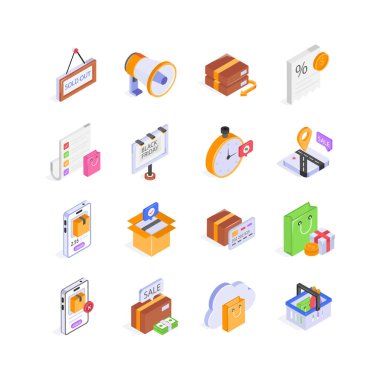 Pack of shopping and ecommerce isometric icons in modern style clipart