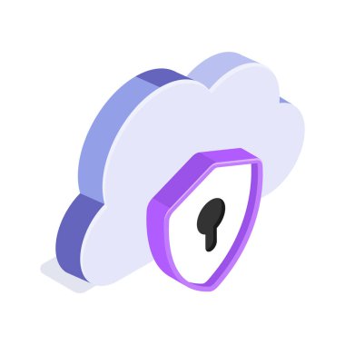 Güvenli bulut, bulut koruması, bulut güvenliği izometrik ikon tasarımı