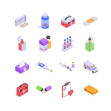 Bu canlı illüstrasyon, kapsamlı bir tıbbi malzeme ve ekipman sergiliyor.