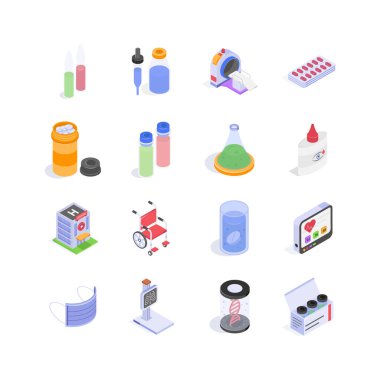 Bu modern simge seti, temiz ve iç açıcı izometrik tarzda çeşitli temel sağlık elemanlarına sahiptir.