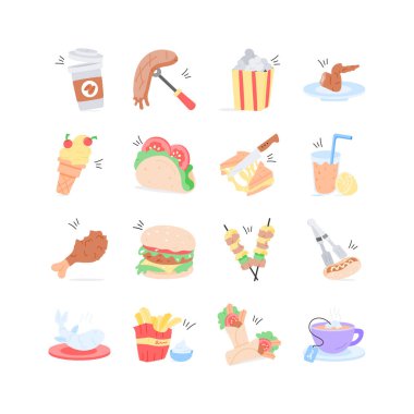 Bu oyuncu düz dizayn ikonları çeşitli lezzetli ikramları barındırıyor, yemek blogları için mükemmel.