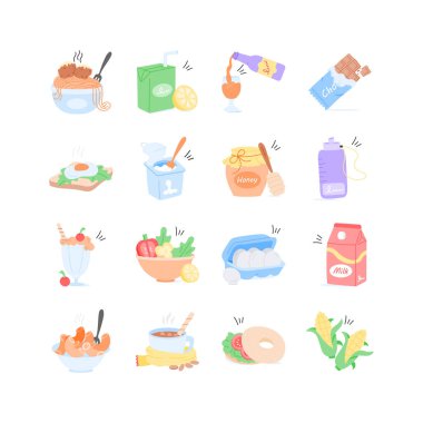 Canlı bir yiyecek ve içecek ikonu seti modern, el çizimi tarzında.