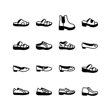 Bu vektör illüstrasyonu, çeşitli ayakkabı şekillerini temsil eden basit çizgi sanat simgelerinin bir koleksiyonunu içerir.