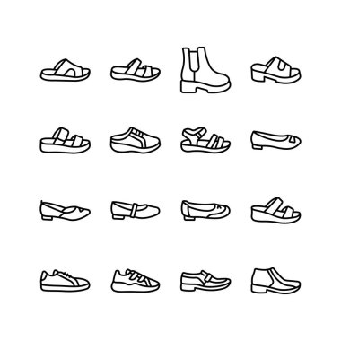 Bu vektör illüstrasyonu, çeşitli ayakkabı şekillerini temsil eden basit çizgi sanat simgelerinin bir koleksiyonunu içerir.