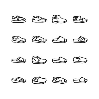 Bu resim, erkek ayakkabısının çeşitli türlerini temsil eden basit çizgi sanat simgelerinin bir koleksiyonunu içerir.