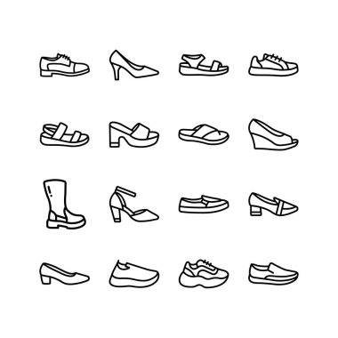 Bu minimalist ayakkabı ikonları, klasik topuklu ayakkabı ve sandaletten modern spor ayakkabı ve botlara kadar çeşitli ayakkabı seçimleri sunar.