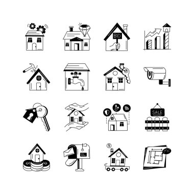 Gayrimenkullerin satın alma, satma, kiralama, inşaat, bakım, güvenlik ve yatırım gibi çeşitli yönlerini temsil eden bir ikon koleksiyonu