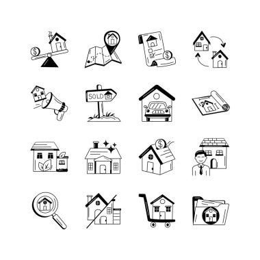Emlak alım, satım, emlak fiyatlandırması da dahil olmak üzere gayrimenkullerin çeşitli yönlerini temsil eden siyah beyaz simgelerin toplanması,