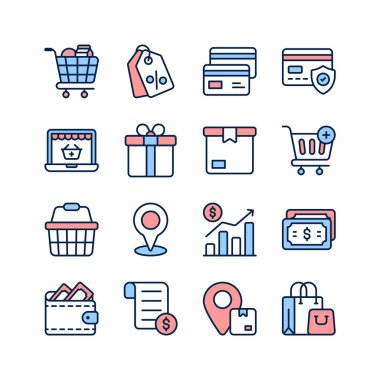 Çevrimiçi alışveriş ve ekommerazın çeşitli yönlerini temsil eden kapsamlı bir simge kümesi