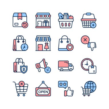 Teslimat, mağazalar, alışveriş torbaları, sepetler, müşteri geribildirimleri ve güvenlik de dahil olmak üzere çevrimiçi alışverişin çeşitli yönlerini temsil eden simge koleksiyonu