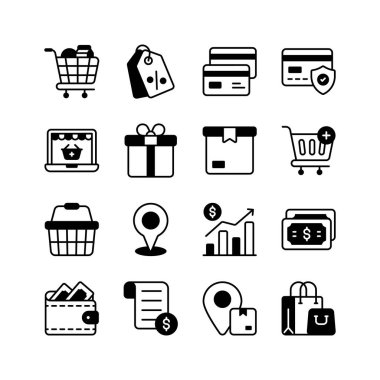 Çevrimiçi alışveriş ve ekommerazın çeşitli yönlerini temsil eden kapsamlı bir simge kümesi