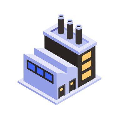 Enerji santrali veya endüstri simgesini izometrik tarzda tasvir eden bacalı bir bina