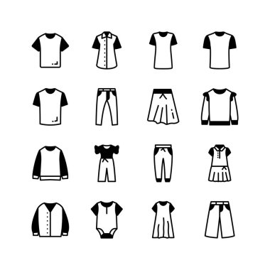 Bu resim, erkekler, kadınlar ve çocuklar için çeşitli giysi parçalarını temsil eden basit simgelerden oluşan bir koleksiyona sahiptir..