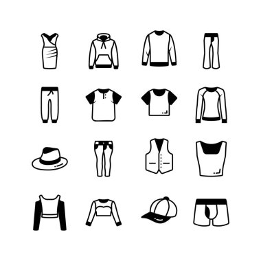 Elbise, kapüşon, kazak, pantolon, koşucular ve iç çamaşırı gibi çeşitli giysi parçalarını temsil eden bir ikon koleksiyonu..
