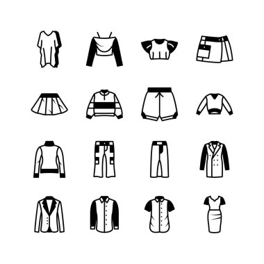 Gömlekler, bluzlar, etekler, pantolonlar, şortlar, bir elbise ve bir ceket de dahil olmak üzere çeşitli giysi parçalarını gösteren bir simge seti