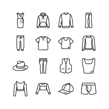 Elbise, kapüşon, kazak, pantolon, koşucular ve iç çamaşırı gibi çeşitli giysi parçalarını temsil eden bir ikon koleksiyonu..