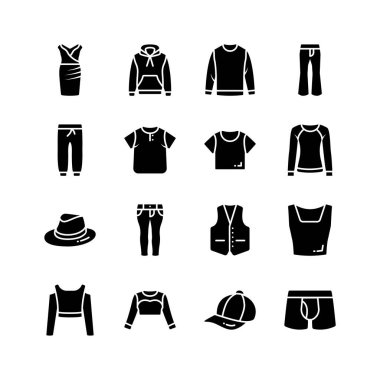 A collection of icons representing various clothing items, including a dress, hoodie, sweater, pants, joggers, and underwear. clipart