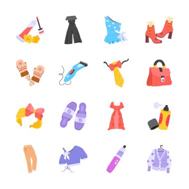 Kadınlar için giysi, aksesuar, kozmetik ürünleri ve kişisel bakım ürünleri de dahil olmak üzere renkli moda ve güzellik ürünleri koleksiyonu