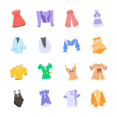 Çeşitli kadın kıyafetleri tasvir eden on iki düz, renkli çizimler..