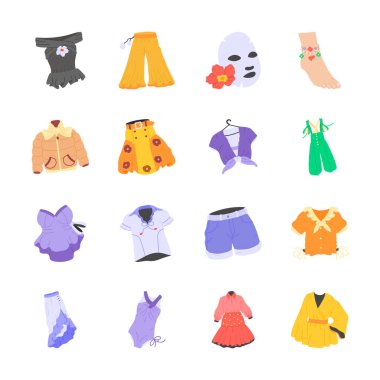 Çeşitli kadın kıyafetlerinin canlı, düz çizimlerinden oluşan bir koleksiyon.