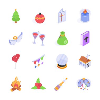 Bu renkli, izometrik ikonlar Noel ve tatil sezonuyla ilgili çeşitli festival unsurlarını tasvir eder..