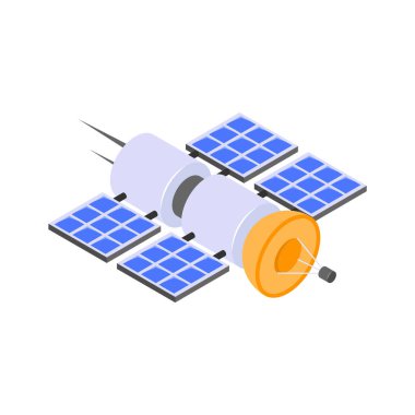 Uydunun iyi tasarlanmış izometrik simgesi, uzay teknolojisi, iletişim, veri iletimi,